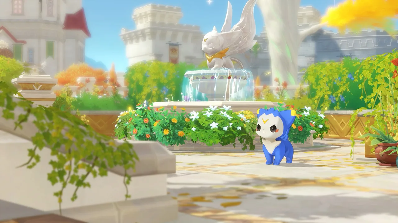 Dimo, a light-type Jinie, in a fountain courtyard